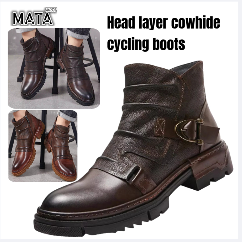 Motorcycle Gear Used - Bottes en cuir rétro pour hommes,